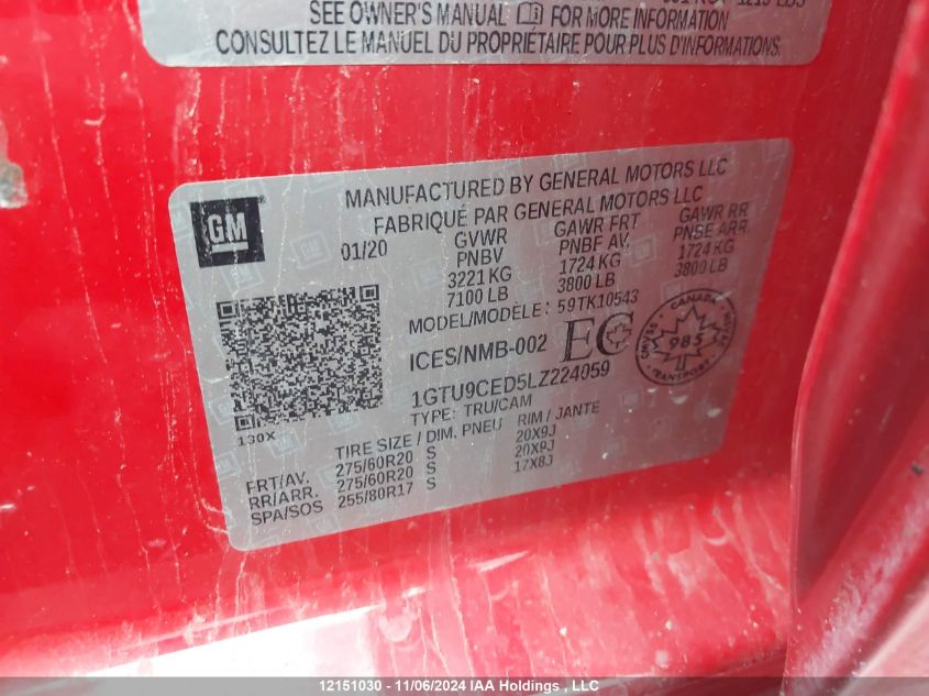 2020 GMC Sierra 1500 VIN: 1GTU9CED5LZ224059 Lot: 12151030