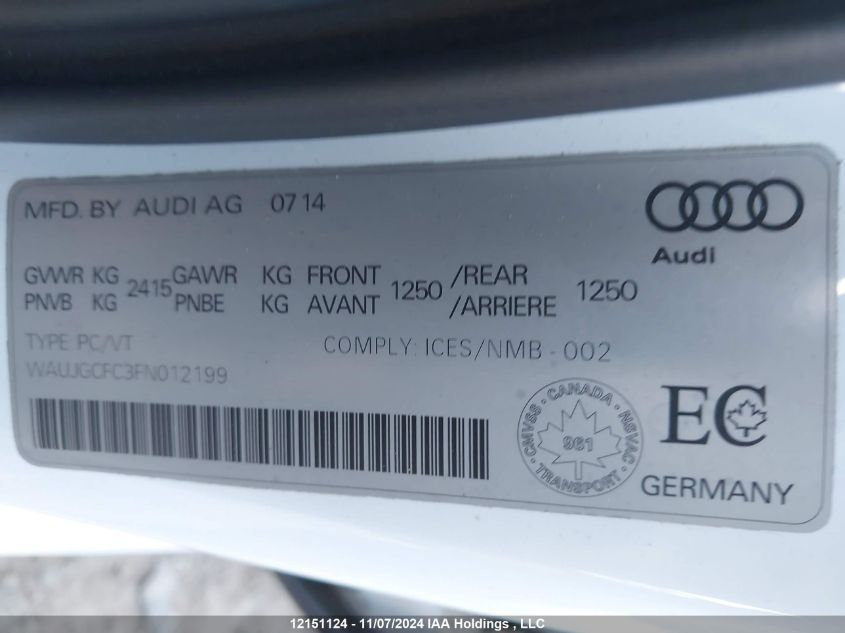 2015 Audi A6 VIN: WAUJGCFC3FN012199 Lot: 12151124