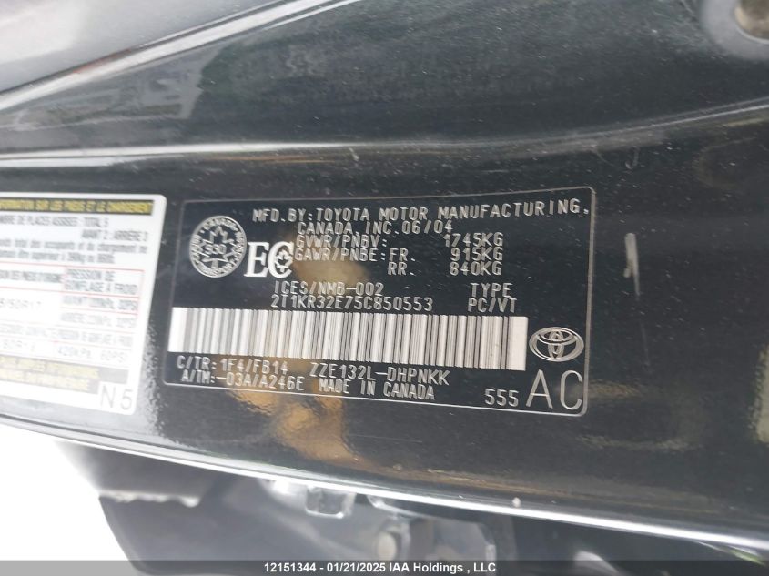 2005 Toyota Matrix Xr VIN: 2T1KR32E75C850553 Lot: 12151344