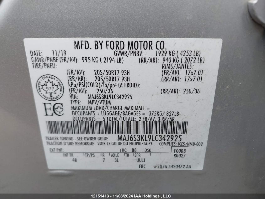 2020 Ford Ecosport Titanium VIN: MAJ6S3KL9LC342925 Lot: 12151413