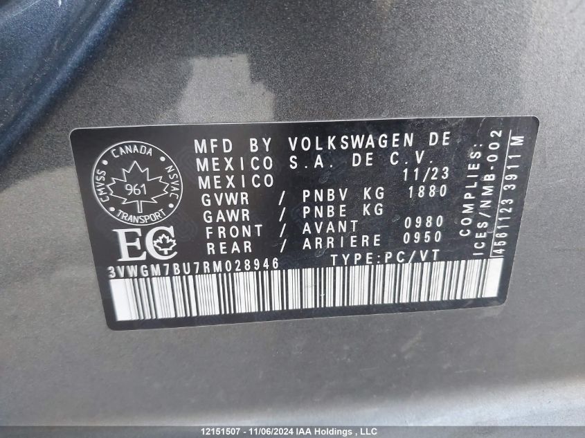 2024 Volkswagen Jetta VIN: 3VWGM7BU7RM028946 Lot: 12151507