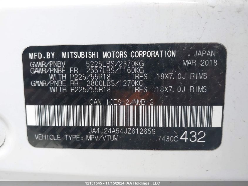 2018 Mitsubishi Outlander Phev VIN: JA4J24A54JZ612659 Lot: 12151545