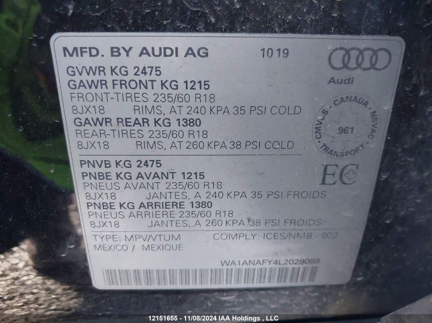 2020 Audi Q5 VIN: WA1ANAFY4L2029089 Lot: 12151655