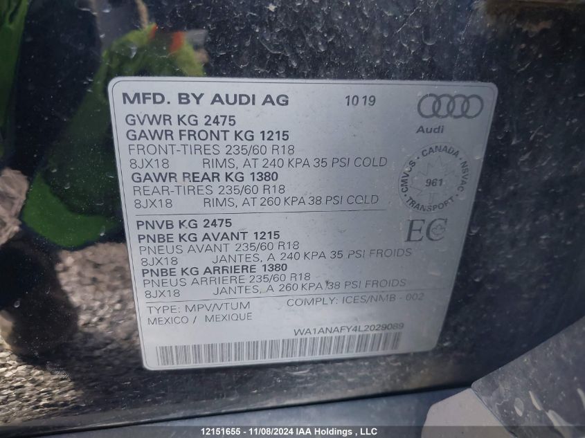 2020 Audi Q5 VIN: WA1ANAFY4L2029089 Lot: 12151655