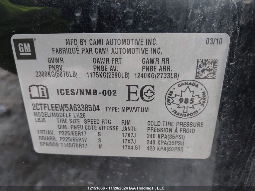 2010 GMC Terrain VIN: 2CTFLEEW5A6338504 Lot: 12151888