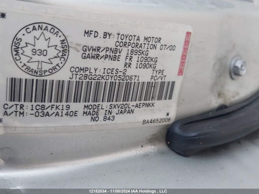 2000 Toyota Camry VIN: JT2BG22K0Y0520671 Lot: 12152034