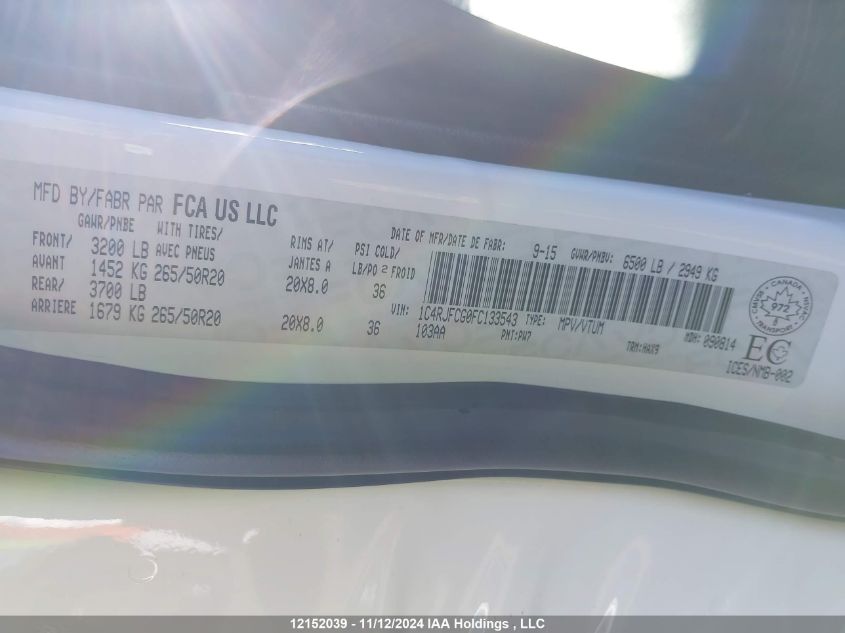 2015 Jeep Grand Cherokee Overland VIN: 1C4RJFCG0FC133543 Lot: 12152039