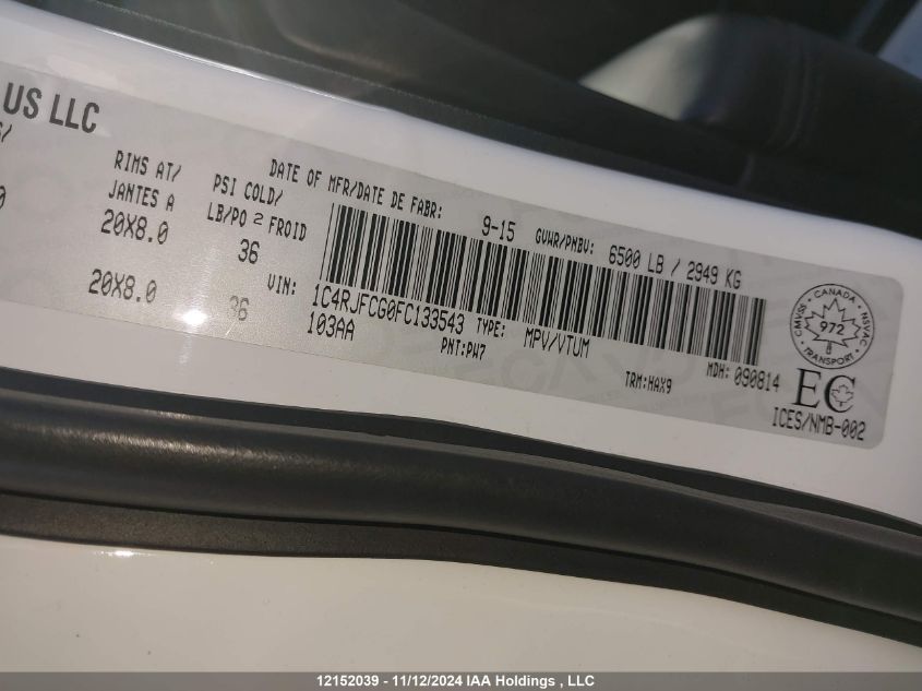 2015 Jeep Grand Cherokee Overland VIN: 1C4RJFCG0FC133543 Lot: 12152039