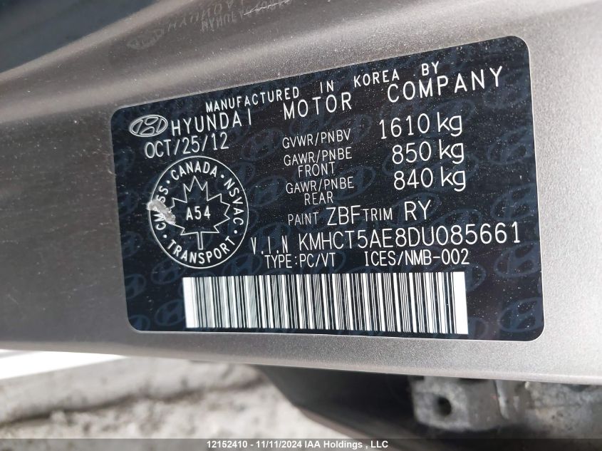 2013 Hyundai Accent Gl VIN: KMHCT5AE8DU085661 Lot: 12152410