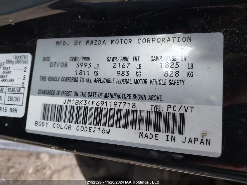 2009 Mazda Mazda3 VIN: JM1BK34F691197718 Lot: 12152529