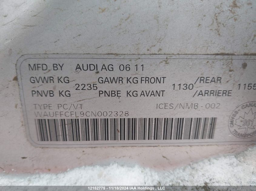 2012 Audi A4 VIN: WAUFFCFL9CN002328 Lot: 12152775