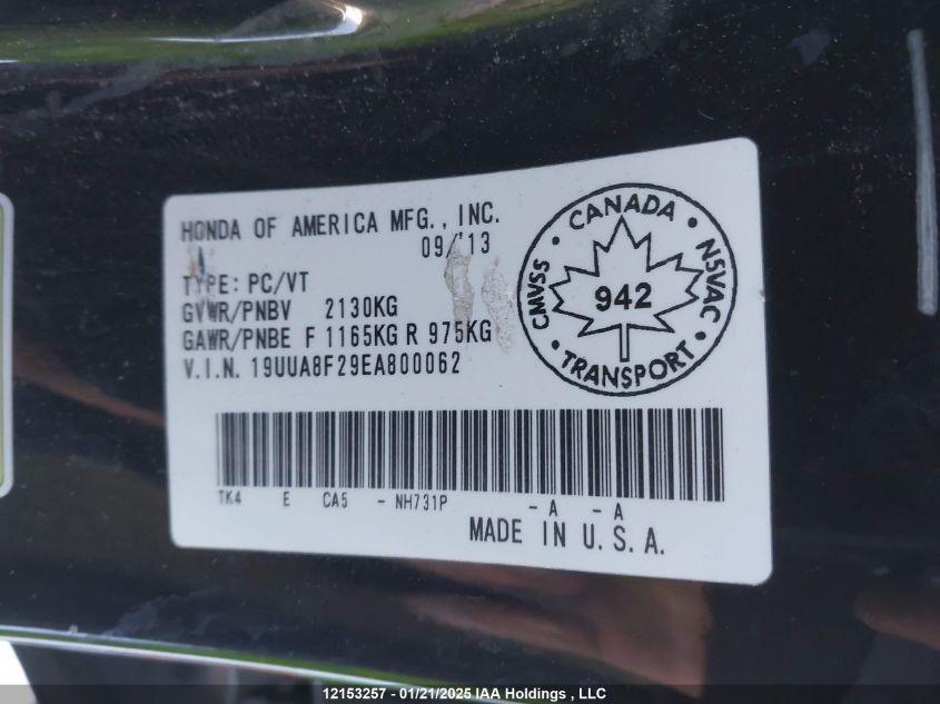 2014 Acura Tl VIN: 19UUA8F29EA800062 Lot: 12153257