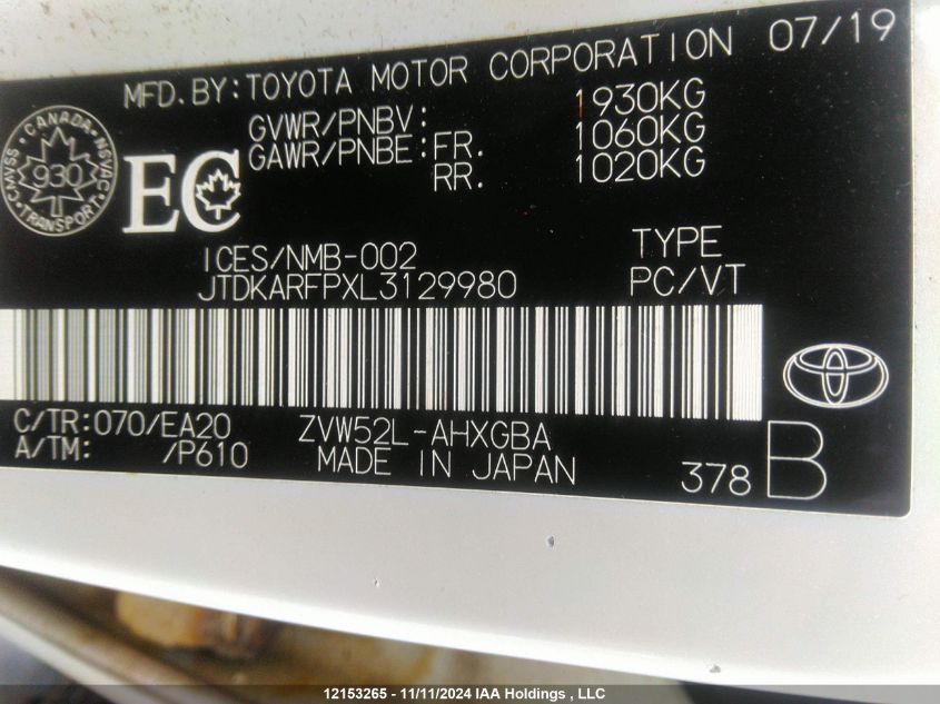 2020 Toyota Prius Prime Upgrade VIN: JTDKARFPXL3129980 Lot: 12153265