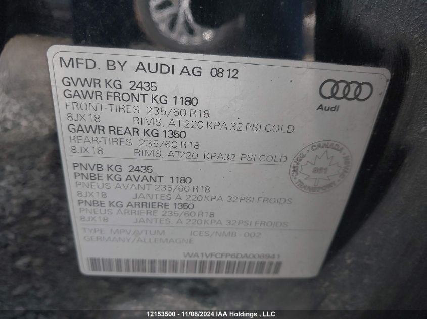 2013 Audi Q5 Premium Plus VIN: WA1VFCFP6DA006941 Lot: 12153500