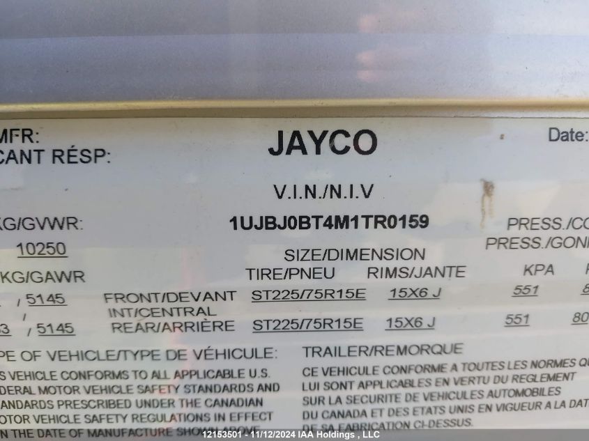 2021 Jayco Jayco Jayflight VIN: 1UJBJ0BT4M1TR0159 Lot: 12153501