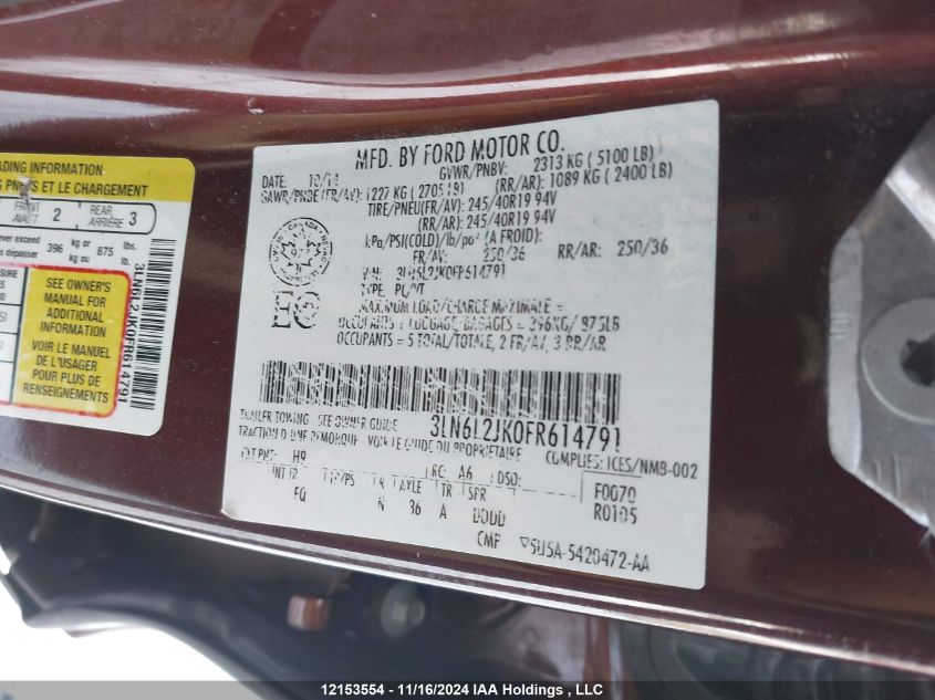 2015 Lincoln Mkz VIN: 3LN6L2JK0FR614791 Lot: 12153554