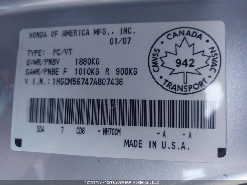 2007 Honda Accord Sdn VIN: 1HGCM56747A807436 Lot: 12153709