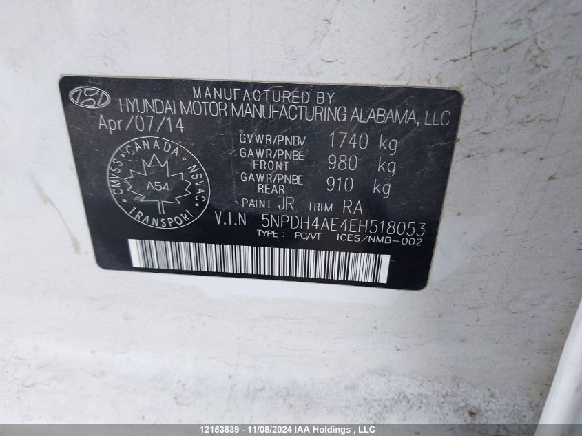 2014 Hyundai Elantra L VIN: 5NPDH4AE4EH518053 Lot: 12153839