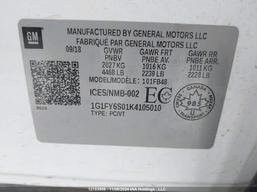 2019 Chevrolet Bolt Ev VIN: 1G1FY6S01K4105010 Lot: 12153956