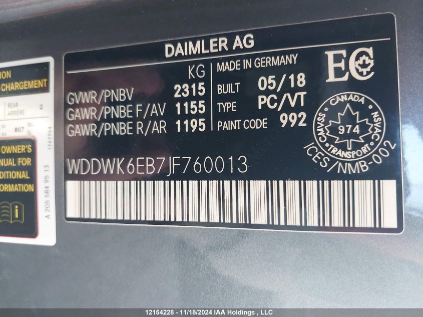 2018 Mercedes-Benz C-Class VIN: WDDWK6EB7JF760013 Lot: 12154228