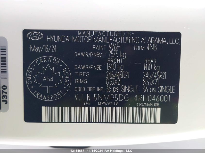 2024 Hyundai Santa Fe Calligraphy VIN: 5NMP5DGL4RH046001 Lot: 12154687