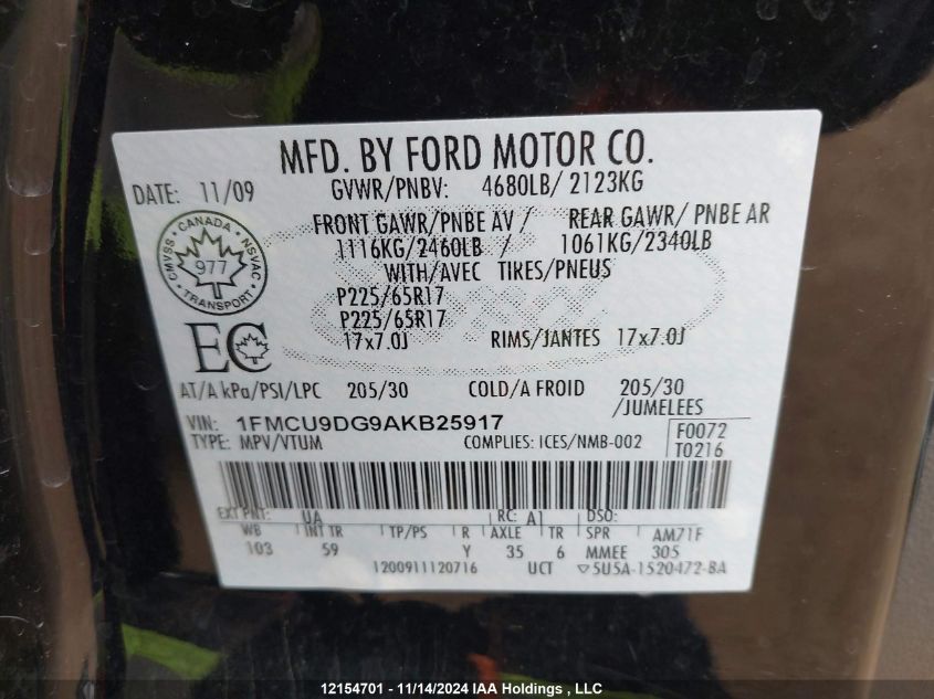 2010 Ford Escape Xlt VIN: 1FMCU9DG9AKB25917 Lot: 12154701