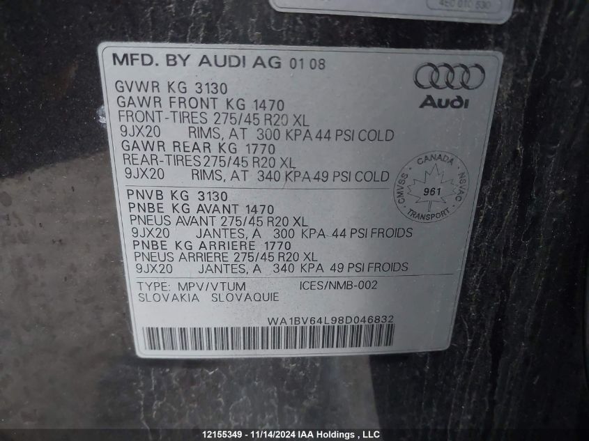 2008 Audi Q7 VIN: WA1BV64L98D046832 Lot: 12155349