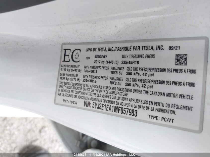 2021 Tesla Model 3 VIN: 5YJ3E1EA1MF057983 Lot: 12155637