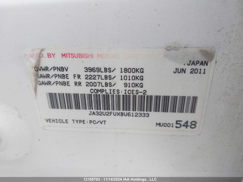 2011 Mitsubishi Lancer VIN: JA32U2FUXBU612333 Lot: 12155703