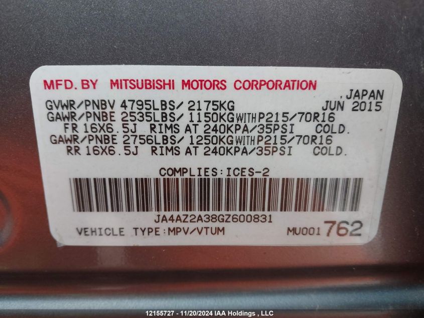 2016 Mitsubishi Outlander VIN: JA4AZ2A38GZ600831 Lot: 12155727