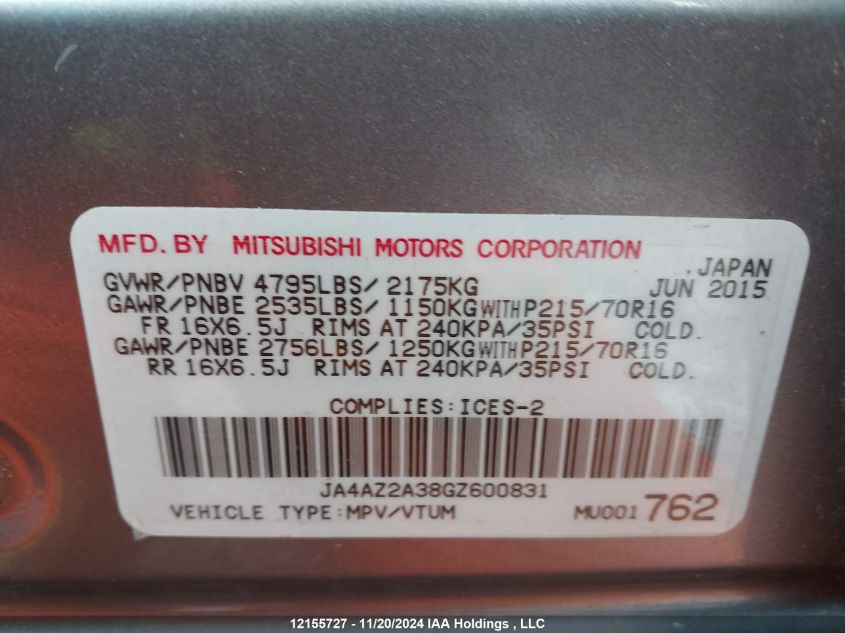 2016 Mitsubishi Outlander VIN: JA4AZ2A38GZ600831 Lot: 12155727