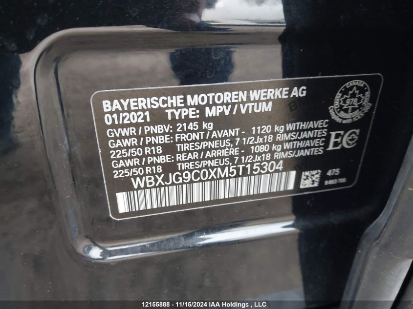 2021 BMW X1 xDrive28I VIN: WBXJG9C0XM5T15304 Lot: 12155888