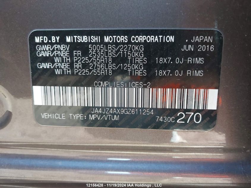 2016 Mitsubishi Outlander VIN: JA4JZ4AX9GZ611254 Lot: 12156428