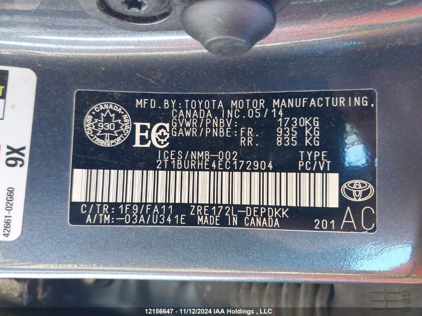 2014 Toyota Corolla L/Le/Le Pls/Prm/S/S Pls VIN: 2T1BURHE4EC172904 Lot: 12156647