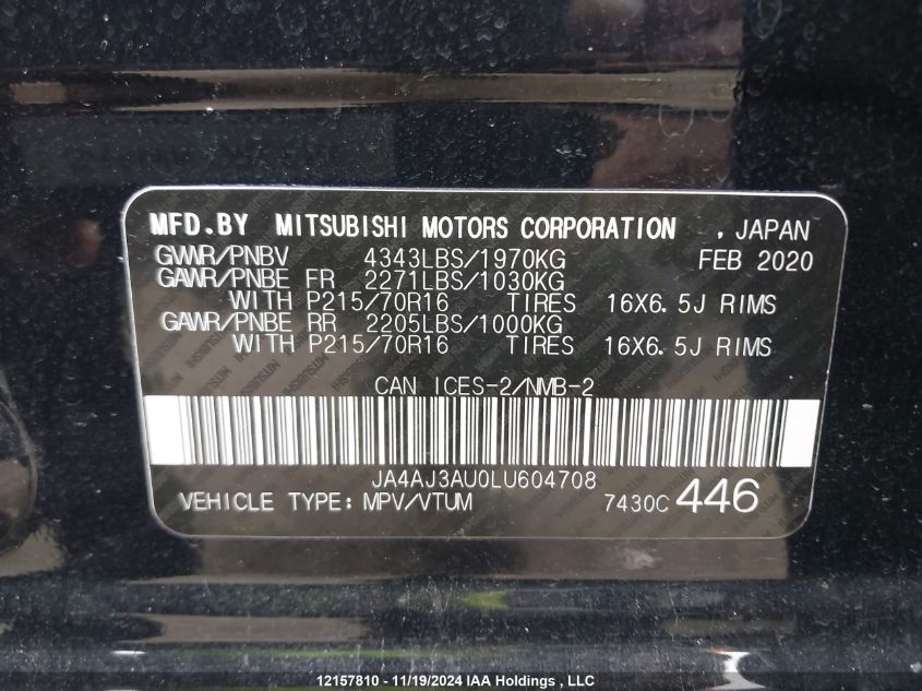 2020 Mitsubishi Rvr VIN: JA4AJ3AU0LU604708 Lot: 12157810