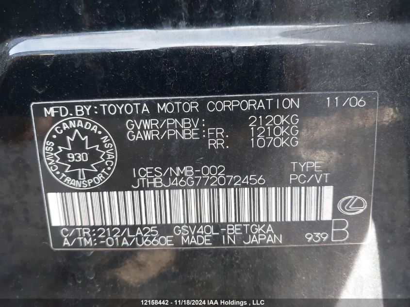 2007 Lexus Es 350 350 VIN: JTHBJ46G772072456 Lot: 12158442