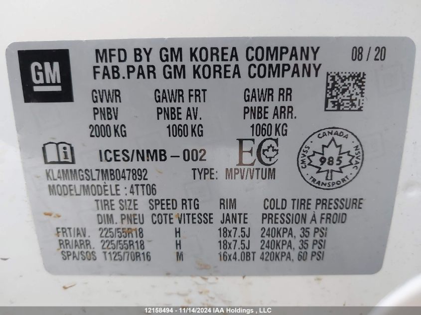 2021 Buick Encore Gx VIN: KL4MMGSL7MB047892 Lot: 12158494