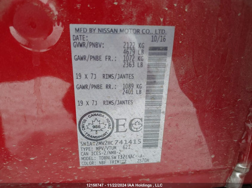 2017 Nissan Rogue VIN: 5N1AT2MV2HC741415 Lot: 12158747