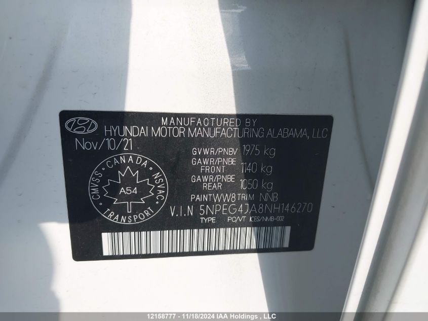 2022 Hyundai Sonata Se VIN: 5NPEG4JA8NH146270 Lot: 12158777