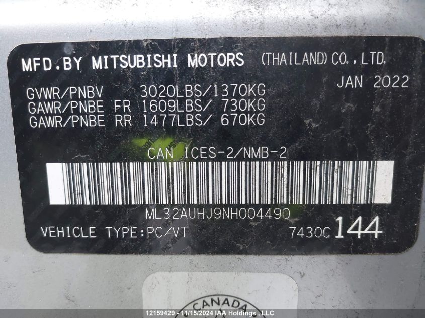 2022 Mitsubishi Mirage VIN: ML32AUHJ9NH004490 Lot: 12159429