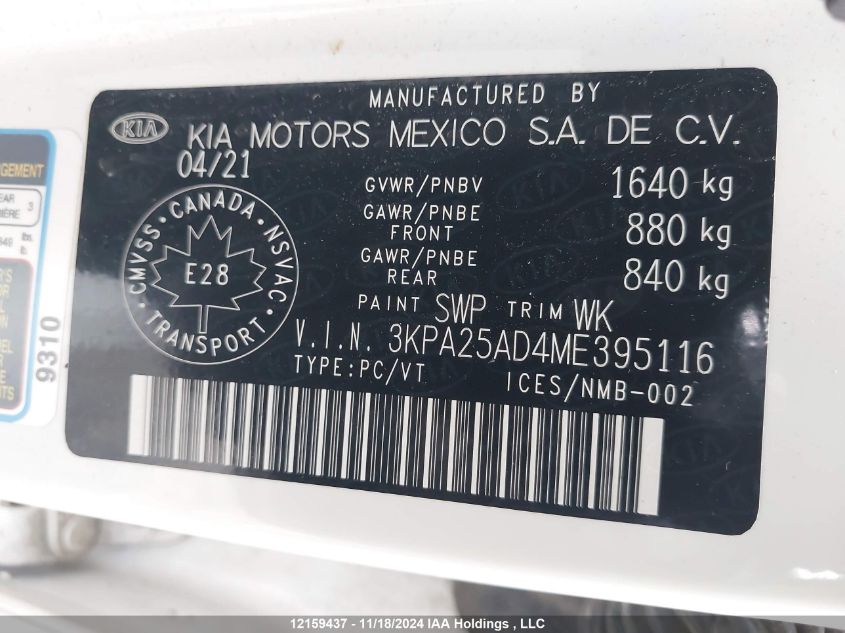 2021 Kia Rio S VIN: 3KPA25AD4ME395116 Lot: 12159437