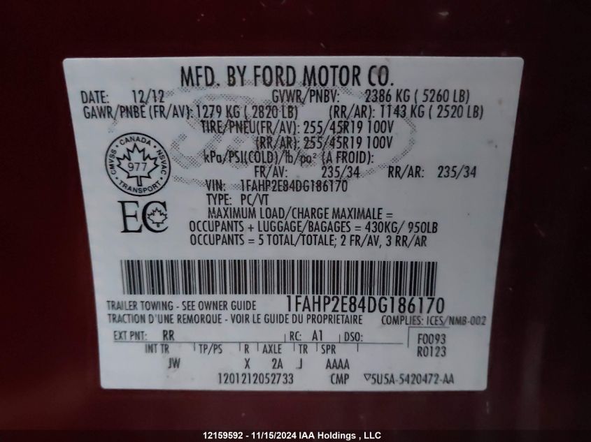 2013 Ford Taurus Sel VIN: 1FAHP2E84DG186170 Lot: 12159592