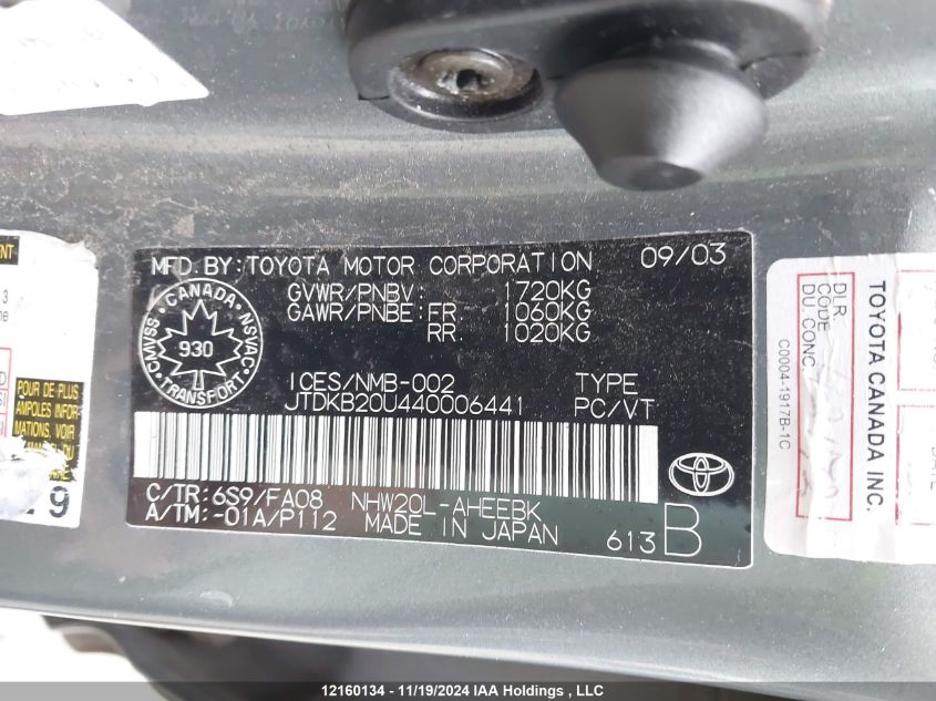 2004 Toyota Prius VIN: JTDKB20U440006441 Lot: 12160134