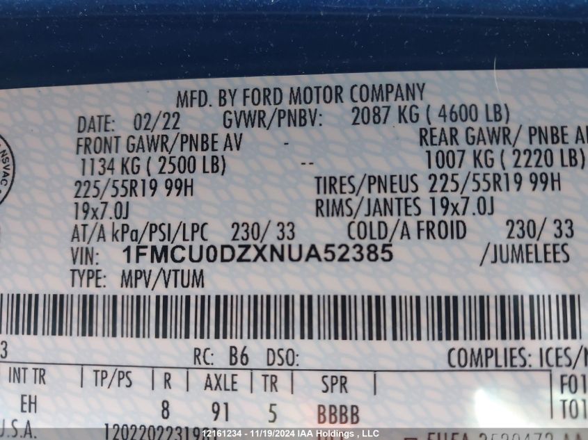 2022 Ford Escape Titanium VIN: 1FMCU0DZXNUA52385 Lot: 12161234