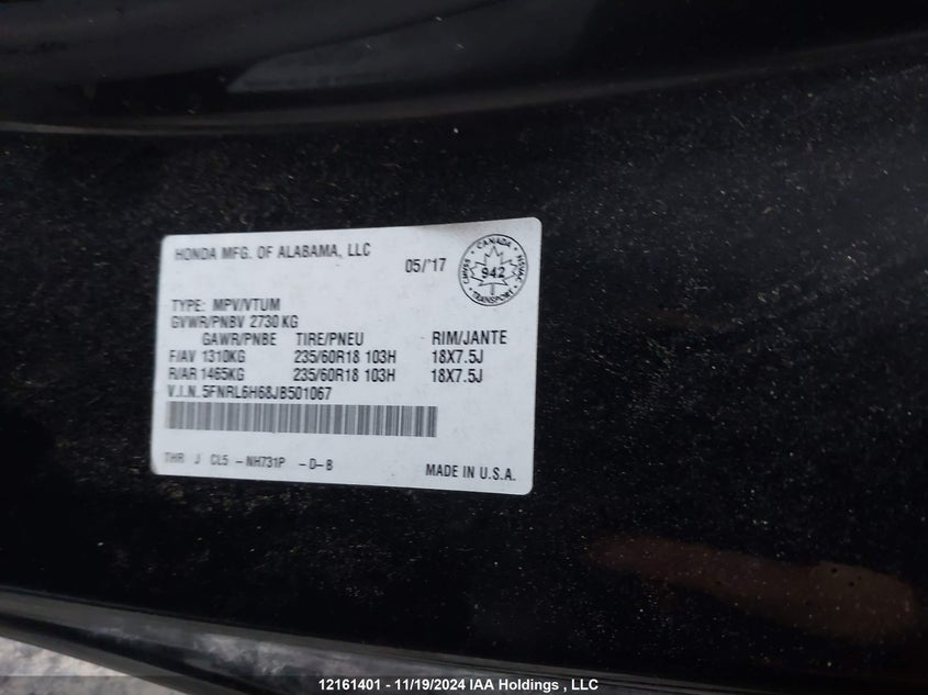 5FNRL6H68JB501067 2018 HONDA ODYSSEY photo no. 9