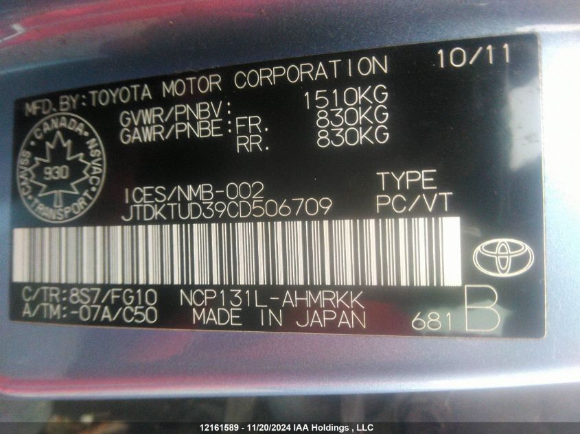 2012 Toyota Yaris VIN: JTDKTUD39CD506709 Lot: 12161589