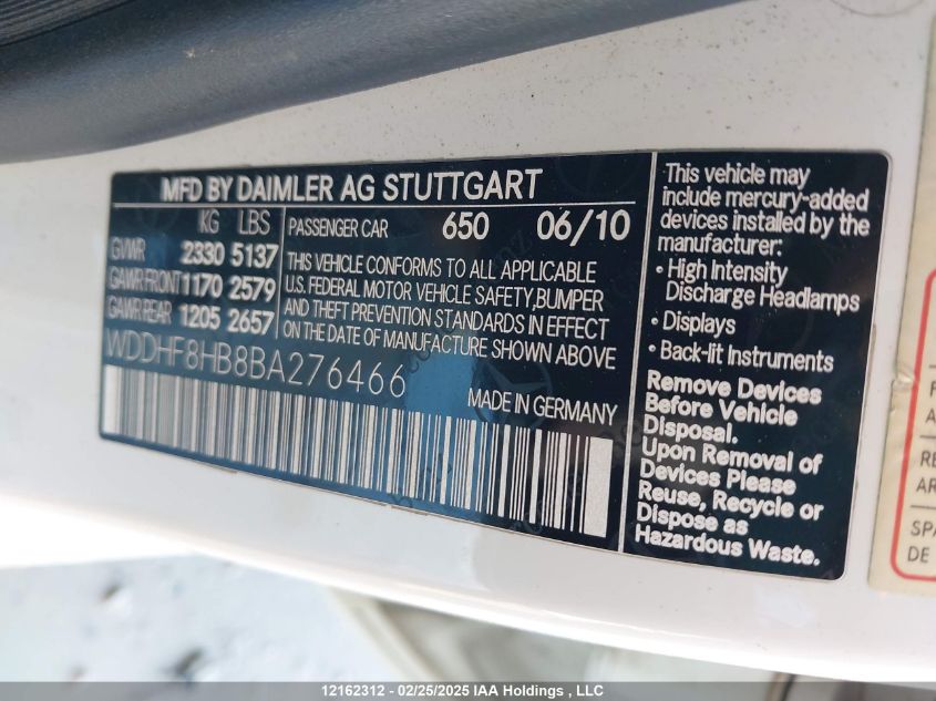 2011 Mercedes-Benz E-Class VIN: WDDHF8HB8BA276466 Lot: 12162312