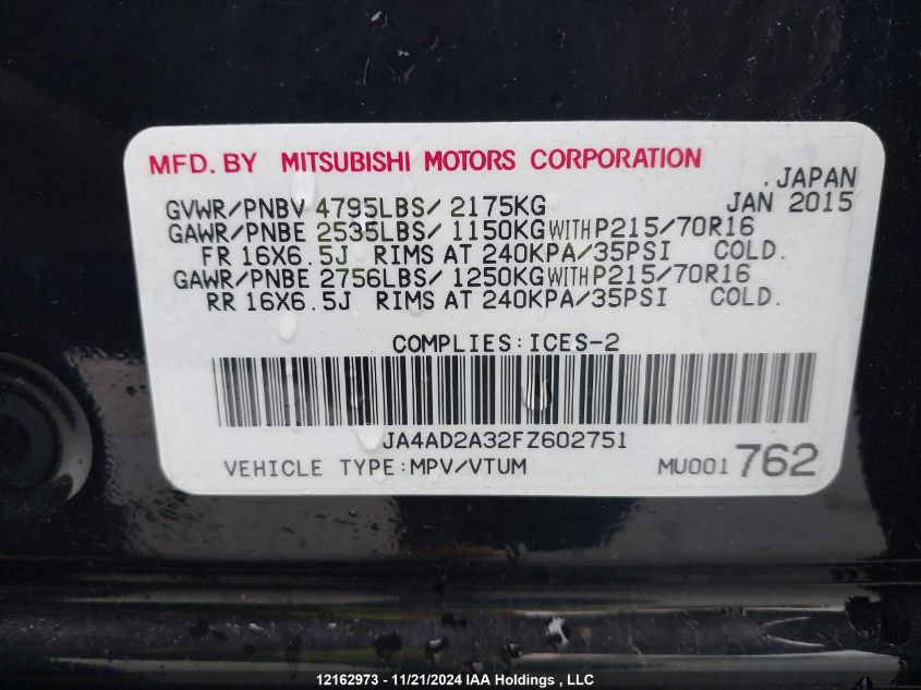 2015 Mitsubishi Outlander VIN: JA4AD2A32FZ602751 Lot: 12162973