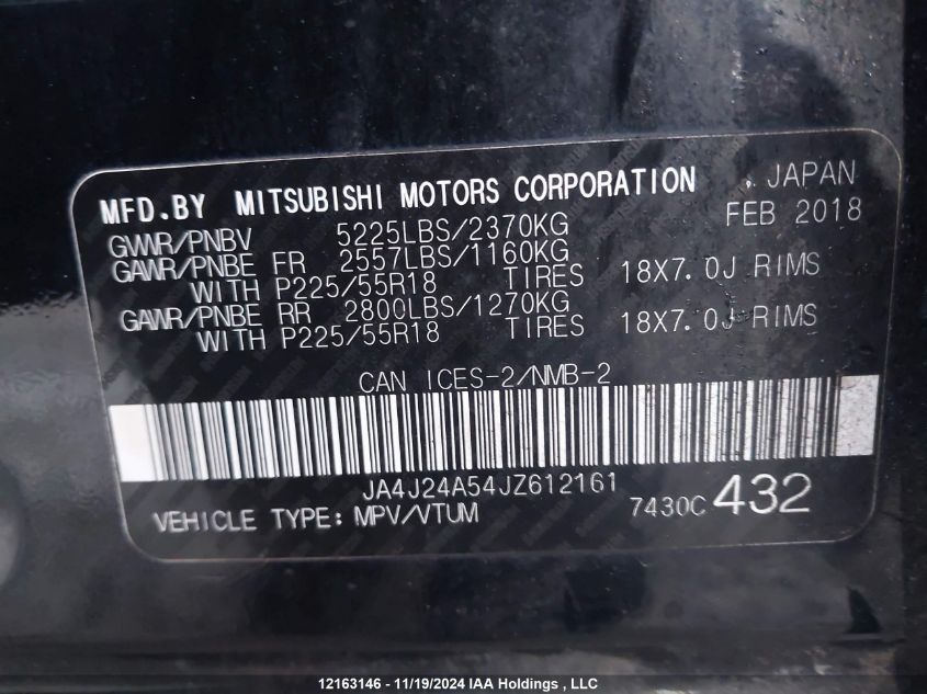 2018 Mitsubishi Outlander Phev VIN: JA4J24A54JZ612161 Lot: 12163146