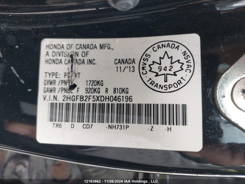 2013 Honda Civic Ex 4Dr VIN: 2HGFB2F5XDH046196 Lot: 12163662